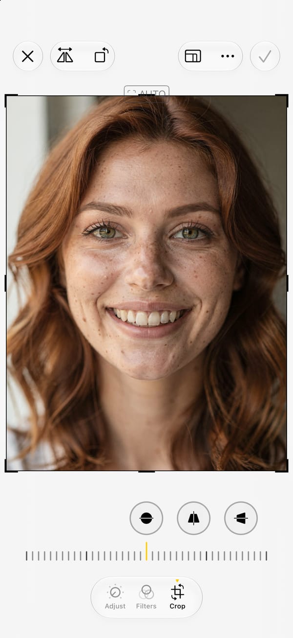 The iPhone Photos editor, captured in the iOS 27 simulator, with a portrait of a young woman open. Three tabs sit under the photo: Adjust, Filters and Crop. There is no Tools tab, so this device has no Clean Up.