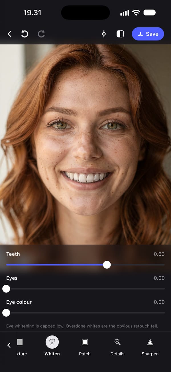 The same screen with the Teeth slider raised to 0.63. Her teeth are whiter, and her lips, skin and freckles are the same as in the first screenshot. Eyes and Eye colour are still at 0.00.