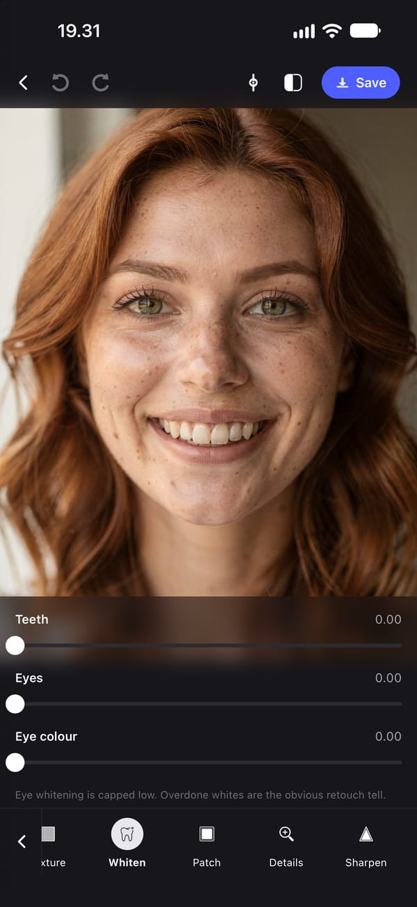 The Whiten tool as it opens, with the Teeth, Eyes and Eye colour sliders all at 0.00. Her teeth are their original yellow. The note under the sliders reads Eye whitening is capped low.