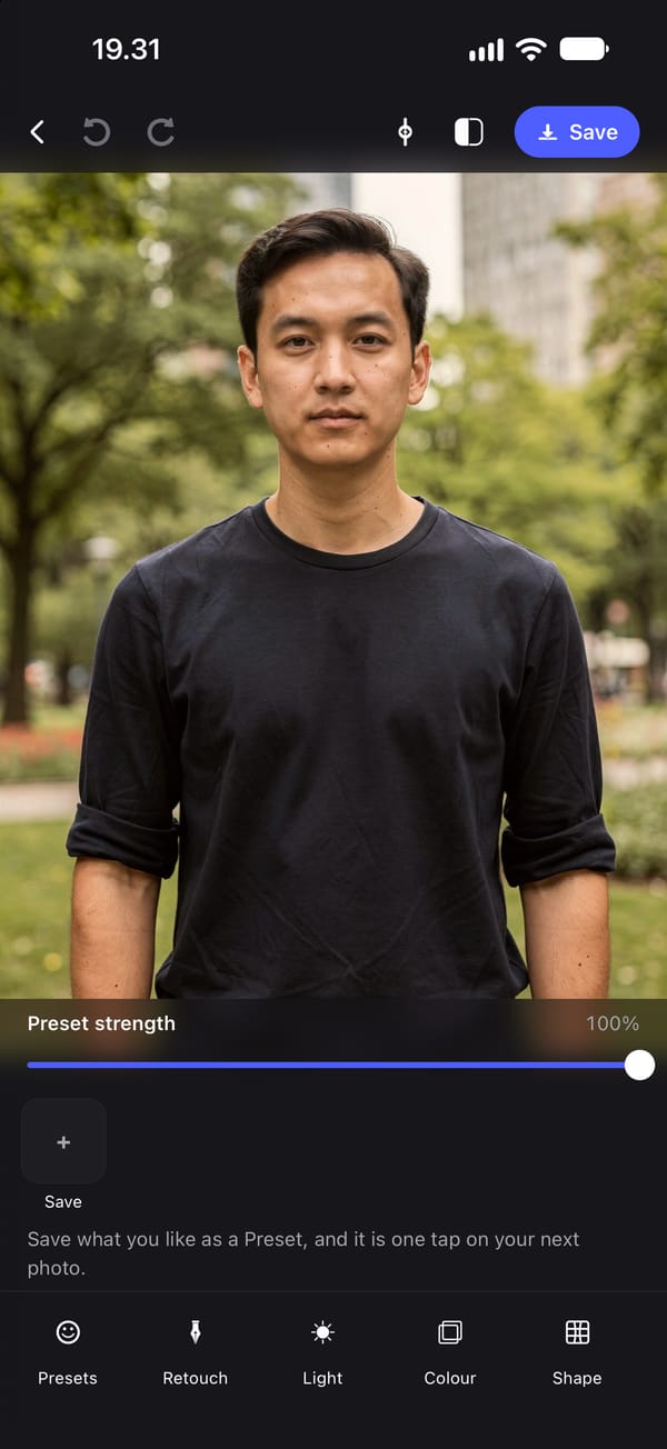 The PhotoTune editor open on a waist-up photo of a young man in a park, with the Preset strength slider under the photo and the tool groups along the bottom: Presets, Retouch, Light, Colour and Shape.