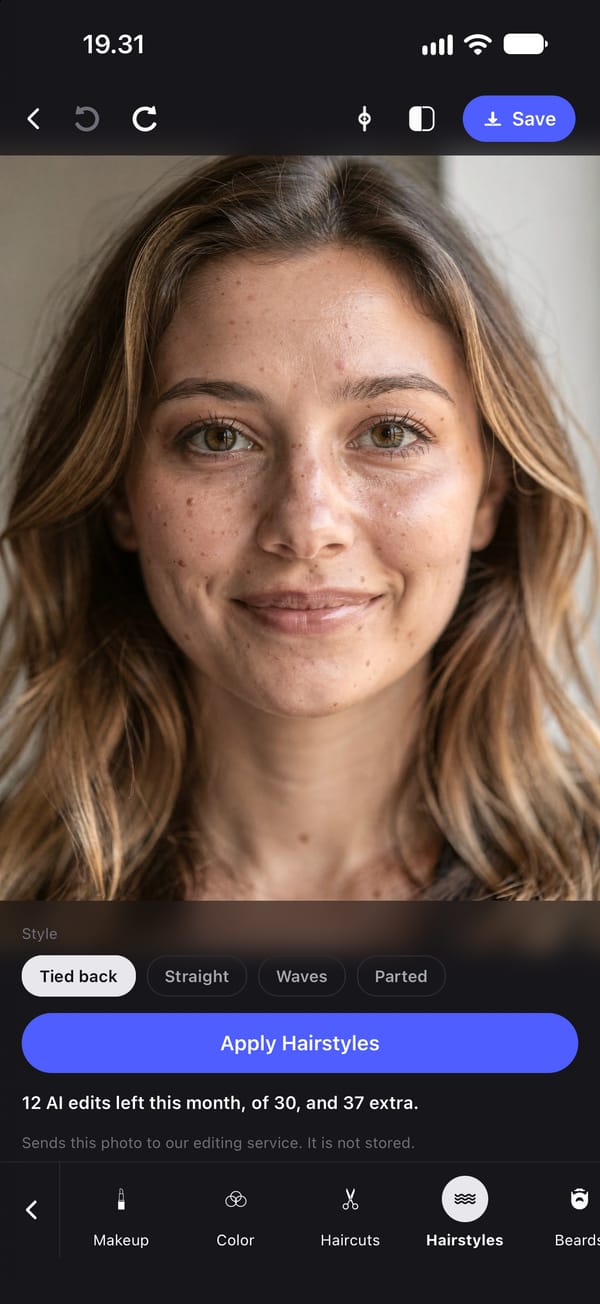 The Hairstyles tool before it is applied, on a portrait of a young woman with loose wavy hair past her shoulders. Tied back is selected from the four styles: Tied back, Straight, Waves and Parted.