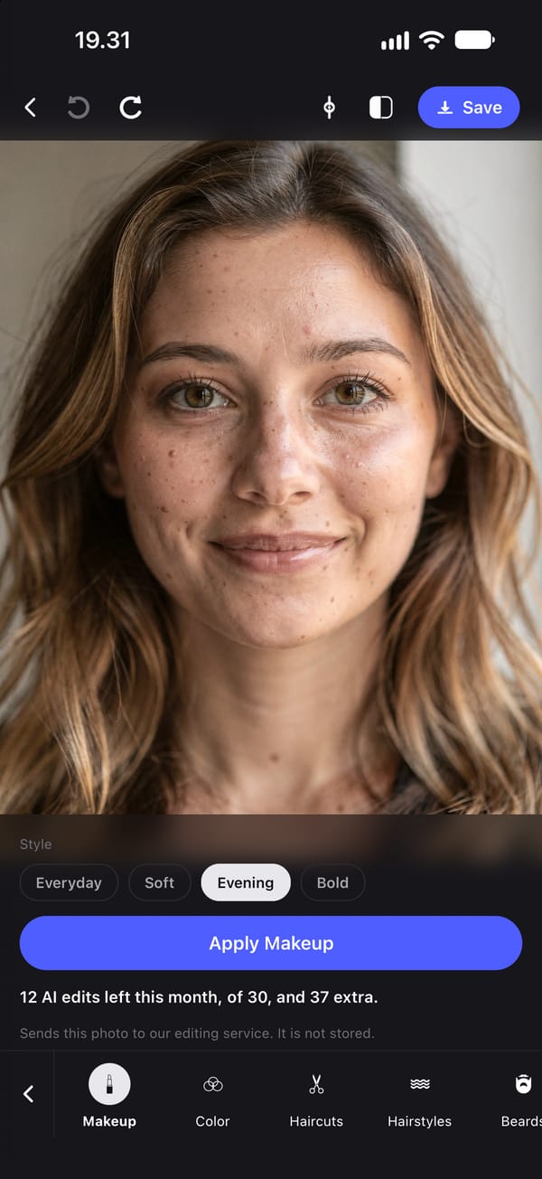 The Makeup tool before it is applied, on a portrait of a young woman with freckles and loose wavy hair. Evening is selected from the four looks, Everyday, Soft, Evening and Bold, above an Apply Makeup button and the line Sends this photo to our editing service. It is not stored.