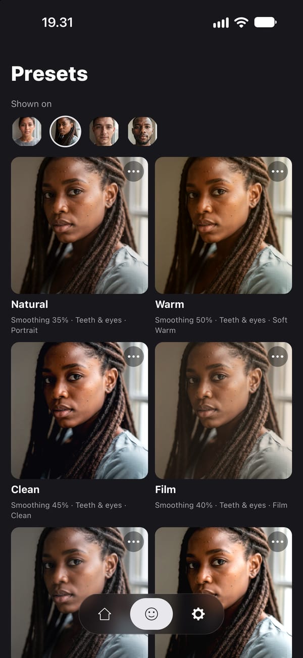 PhotoTune's Presets screen. One portrait of a young woman with braids is shown under each saved Preset, with Natural, Warm, Clean and Film in view, and each tile lists what the Preset holds: its smoothing strength, teeth and eyes, and a colour grade. A row of four faces at the top chooses whose portrait the Presets are shown on.
