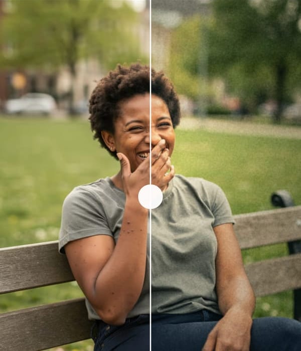A young woman laughing on a park bench, split by the before-and-after divider: the original on the left, and on the right the Digicam look with cooler shadows, film grain and an orange date stamp.
