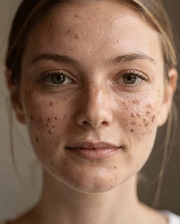 A close portrait of a young woman with dark spots across both cheeks, before and after the Heal tool: thirty-seven taps clear the largest spots, and her pores and freckles stay.