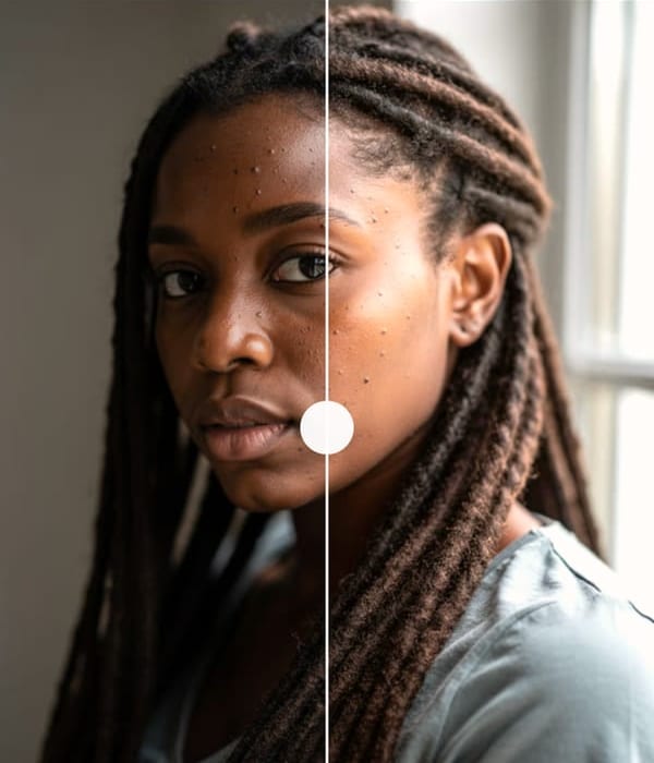 A dim portrait of a young woman lit from a window on one side, split by the before-and-after divider: the original on the left, and the right half brighter with Exposure at 0.48.