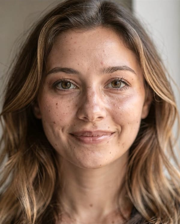 A portrait of a young woman with freckles, before and after Makeup with the Evening look: darker eye makeup and a deeper lip colour, with her freckles and skin texture still visible.