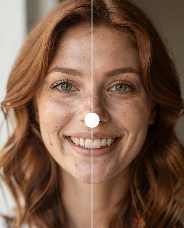 The Skin tool on a portrait of a young woman with freckles, split by the before-and-after divider: the original on the left, and on the right the same skin smoothed at 0.35 with its pores and freckles still visible.
