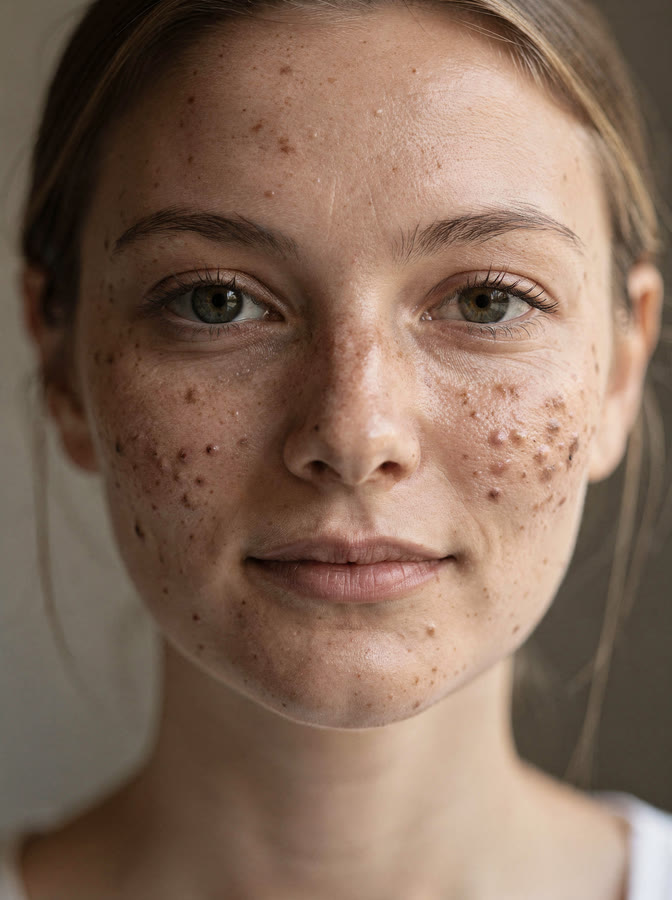 Portrait of a young woman with visible pores and uneven skin texture