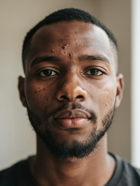 Portrait of a young man with a short beard and deep brown skin