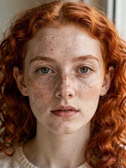 Portrait of a young woman with freckles and red curly hair